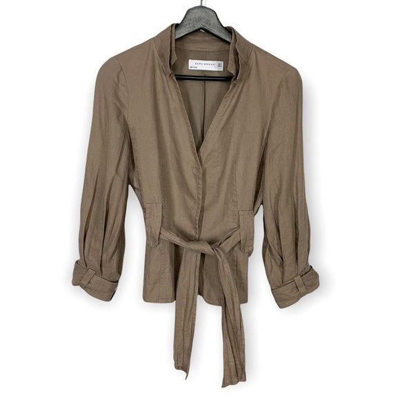 Zara Woman Khaki Linen Waist Tie Blazer Small - Picture 1 of 10